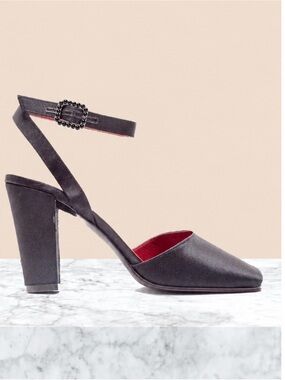 Vintage 90’s Yves Saint Laurent Black Block Heel Ankle-Strap Pumps.